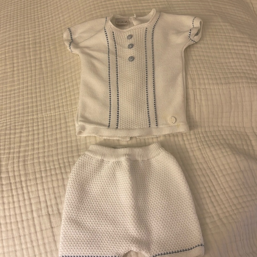 Paz Rodriguez white and blue traditional knit cotton baby set